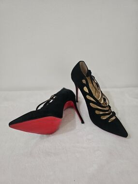 Black Suede Pointed Lace-Up Stiletto Heels with Red Sole by BRASKA